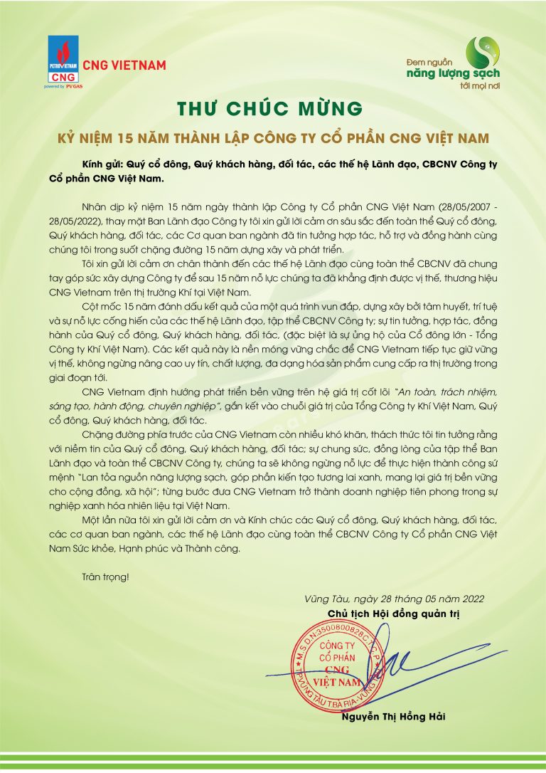 Thư chúc mừng kỷ niệm 31 năm thành lập Tổng Công ty Khí Việt Nam
